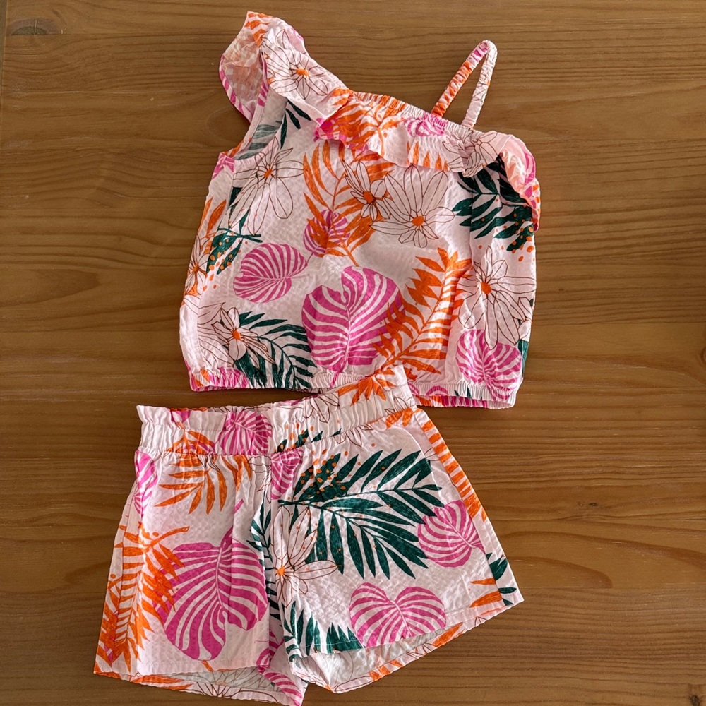 Cat & Jack Pink Girls Tropical Leaf ruffle Tank and Shorts Set